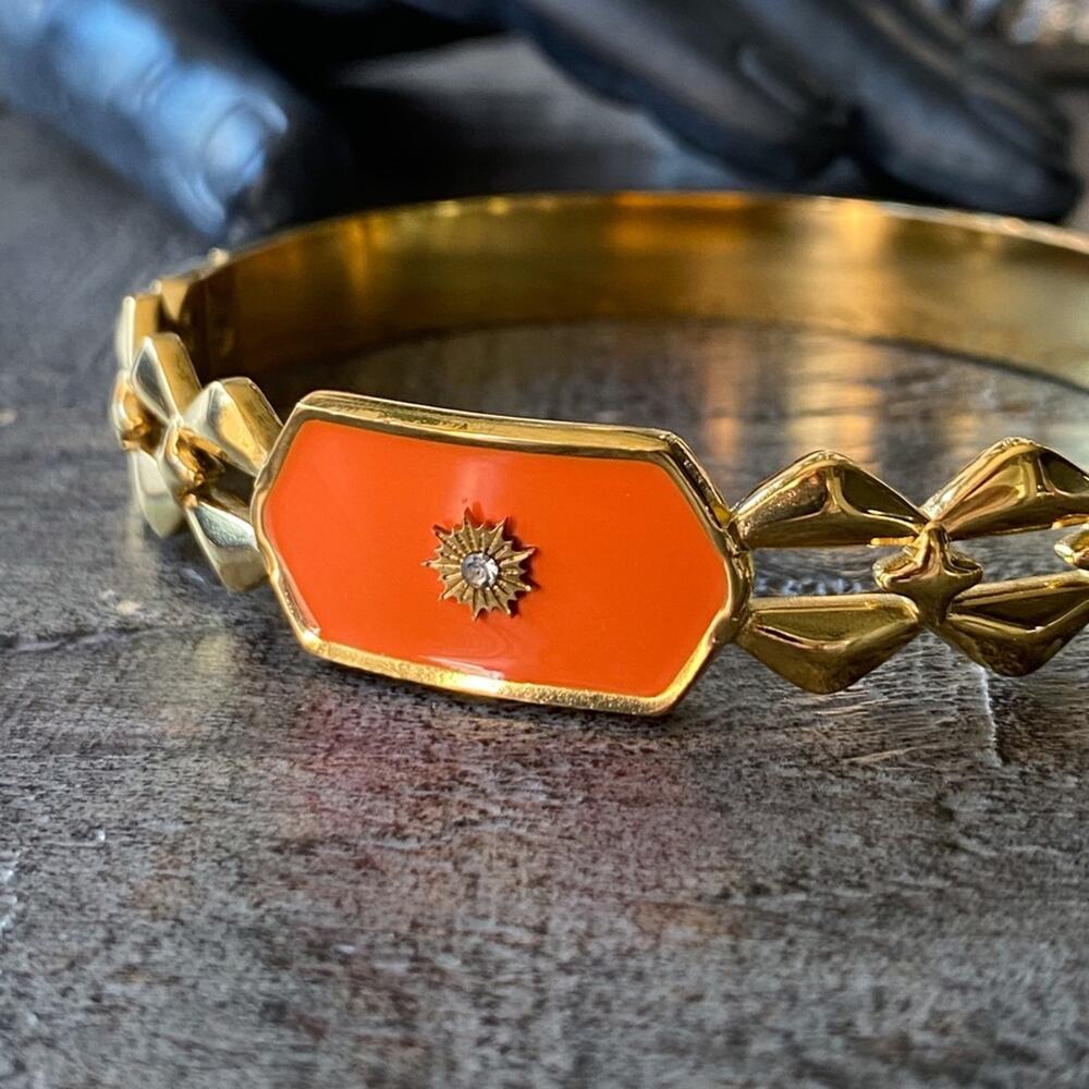 NEW Sunset Orange Gold & Rhinestone Bangle Bracelet